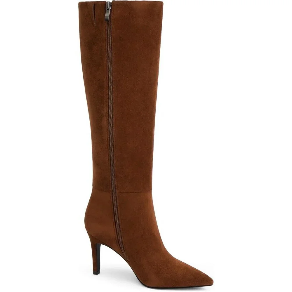 Women Brown Suede Faux Leather Pointed Toe Tall Stiletto High Zipper Dress Boot